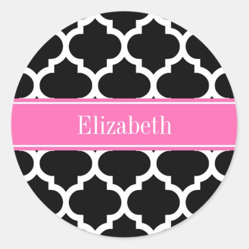 Black White Moroccan 5 Hot Pink 2 Name Monogram Classic Round Sticker