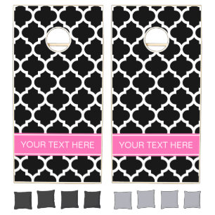 Black White Moroccan #5 Hot Pink #2 Name Monogram Cornhole Set