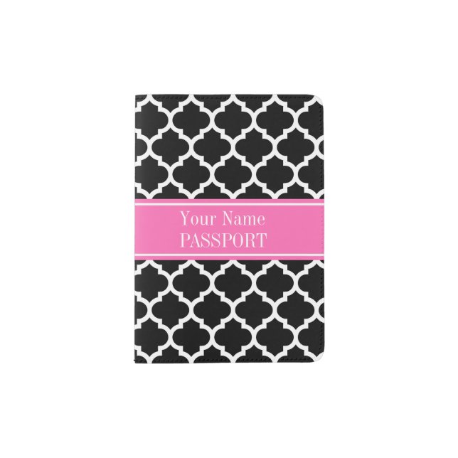 Black White Moroccan #5 Hot Pink #2 Name Monogram Passport Holder (Front)