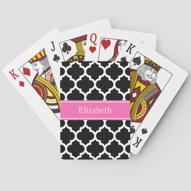 Black White Moroccan #5 Hot Pink #2 Name Monogram Poker Cards (Back)