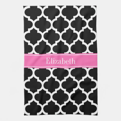 Black White Moroccan 5 Hot Pink 2 Name Monogram Towel