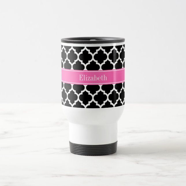 Black White Moroccan #5 Hot Pink #2 Name Monogram Travel Mug (Center)
