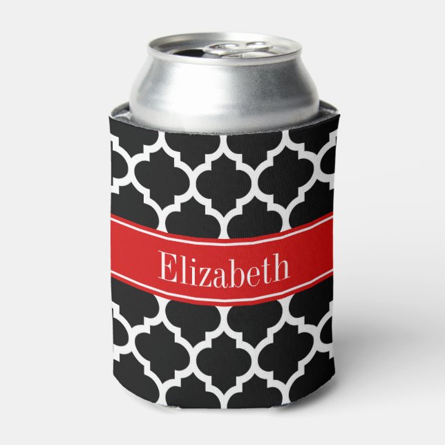 Black White Moroccan #5 Red Name Monogram Can Cooler (Can Front)