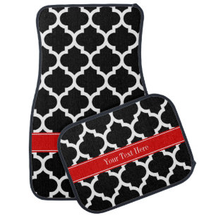 Black White Moroccan #5 Red Name Monogram Car Mat