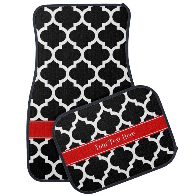 Black White Moroccan #5 Red Name Monogram Car Mat (Set)