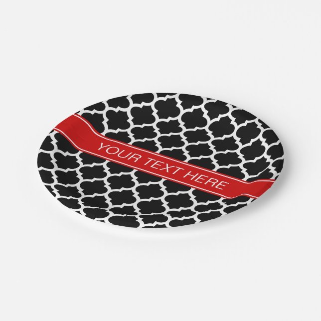 Black White Moroccan #5 Red Name Monogram Paper Plates (Angled)