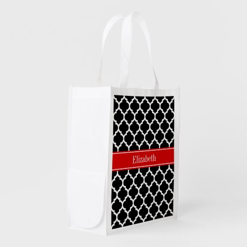 Black White Moroccan 5 Red Name Monogram Reusable Grocery Bag