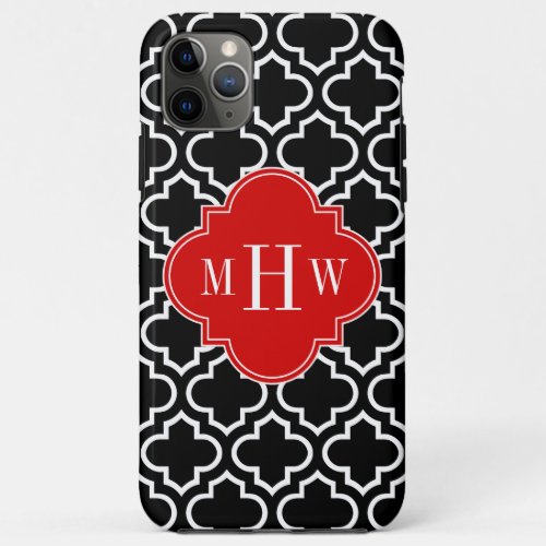 Black White Moroccan 6 Red 3 Initial Monogram iPhone 11 Pro Max Case