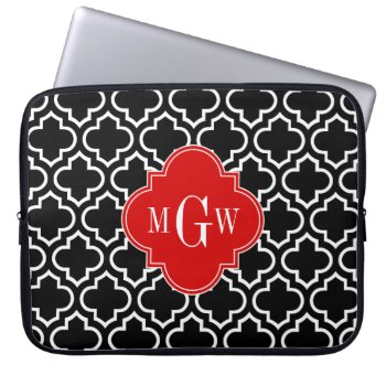 Black White Moroccan #6 Red 3 Initial Monogram Laptop Sleeve by FantabulousCases at Zazzle