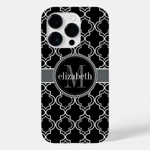 Black White Moroccan Quatrefoil Monogram Case_Mate iPhone 14 Pro Case