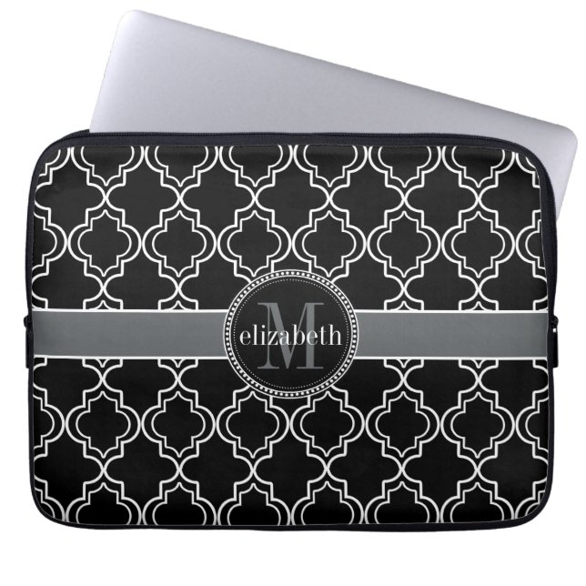 Black White Moroccan Quatrefoil Monogram Laptop Sleeve (Front)