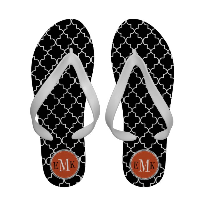 Black White Moroccan Quatrefoil Orange Monogram Sandals