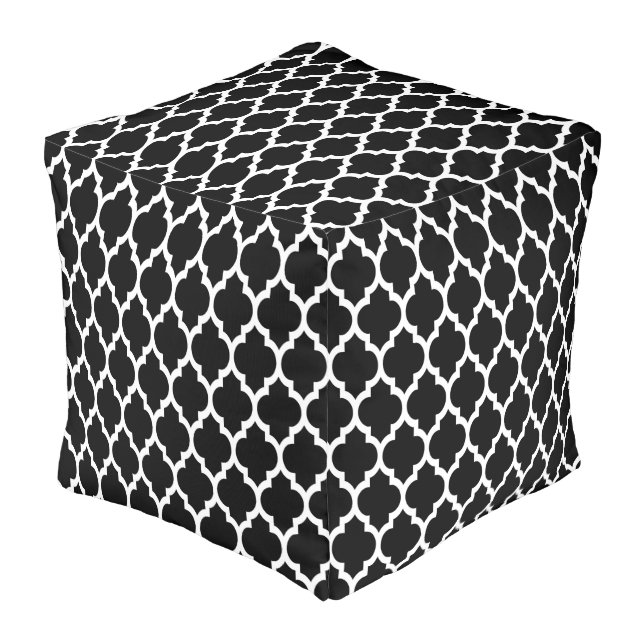 Black White Moroccan Quatrefoil Pattern #4 Pouf (Angled Front)