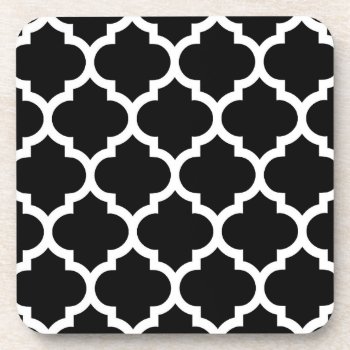Black White Moroccan Quatrefoil Pattern #5 Drink Coaster by FantabulousPatterns at Zazzle