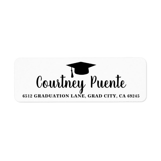Black White Mortar Board Graduation Return Address Label (Front)