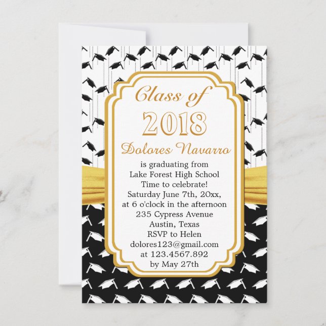 Black white mortar cap Graduation Party Invitation (Front)