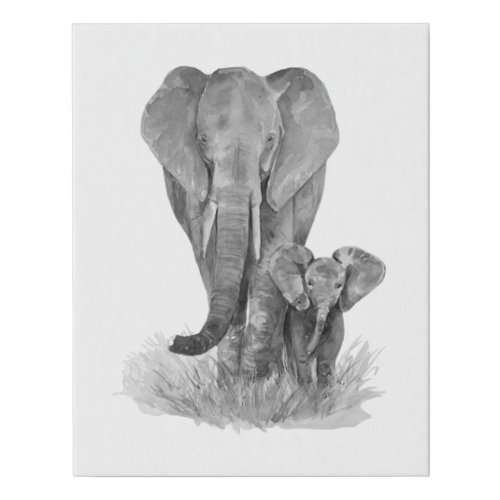 Black  White Mother  Baby Elephant  Faux Canvas Print