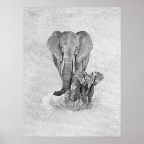 Black  White Mother  Baby Elephant   Poster