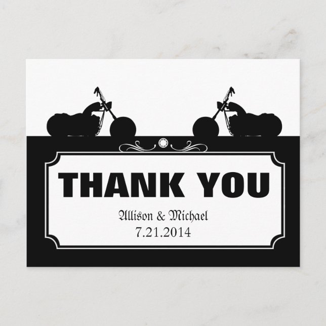 Black White Motorcycle Biker Silhouette Thank You Postcard (Front)