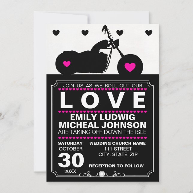 Black & White Motorcycle Biker Silhouette Wedding Invitation (Front)