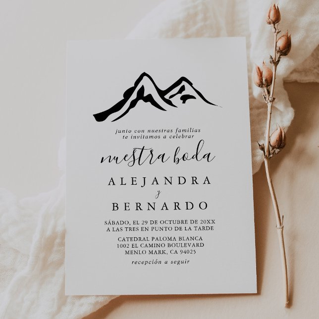 Black White Mountain Calligraphy Nuestra Boda Invitation (Creator Uploaded)
