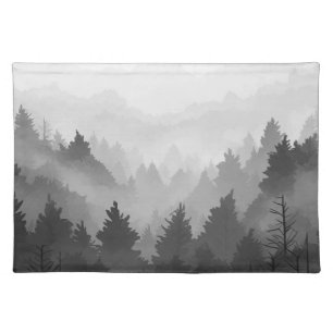 Black & White Mountain Forest Landscape Minimalist Cloth Placemat