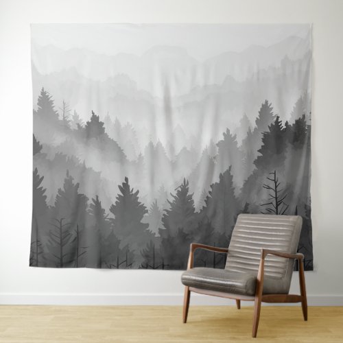 Black  White Mountain Forest Landscape Minimalist Tapestry