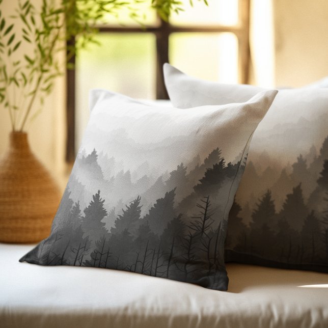 Black & White Mountain Forest Landscape Minimalist Throw Pillow (Creator Uploaded)