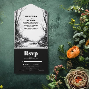 Black White Mountain Forest Wedding All In One Invitation