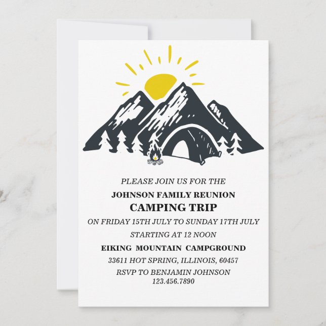 Black & White Mountain Tent Camping Family Reunion Invitation (Front)