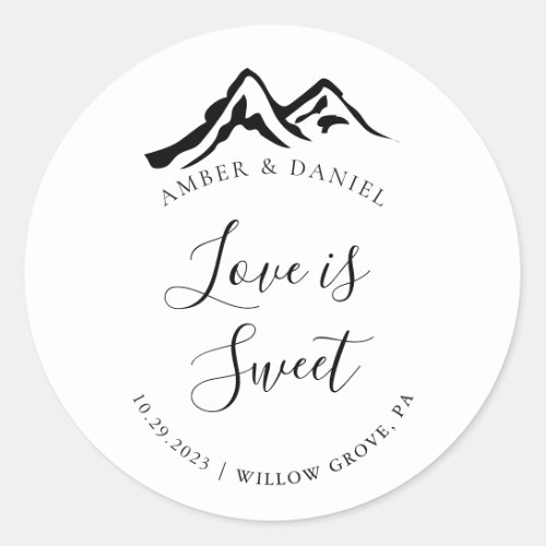 Black White Mountain Wedding Love is Sweet  Classic Round Sticker