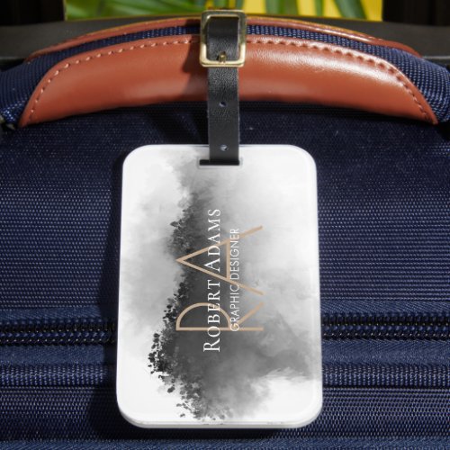 Black White Mountains Landscape Gold Monogrammed Luggage Tag