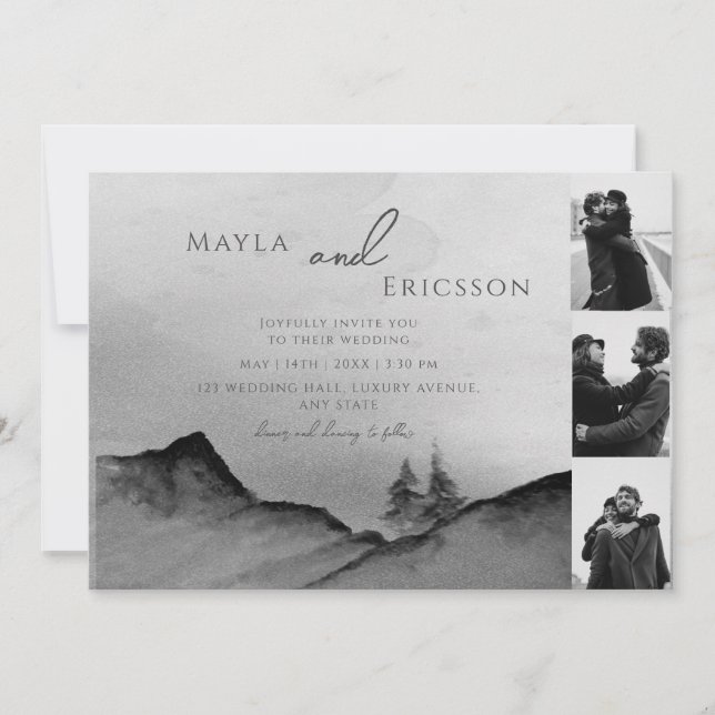 Black White Mountains Pine Trees 3 Photos Wedding Invitation (Front)