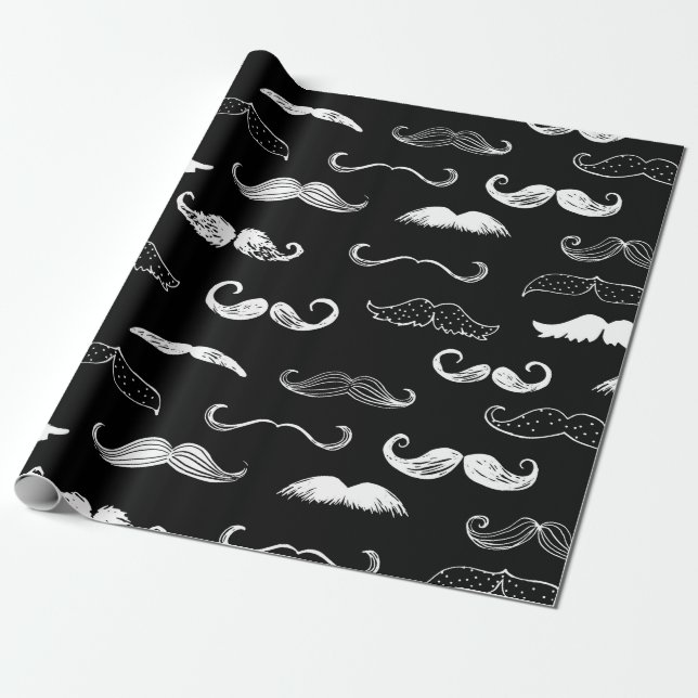 Black & White Moustache Seamless Repeat Background Wrapping Paper (Unrolled)