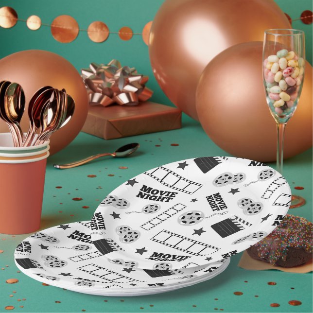 Black white movie night party paper plates (Multi)