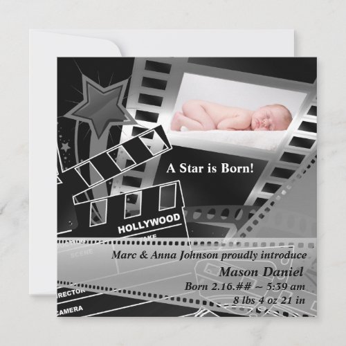 Black White Movie Star is Born Birth Announcement
