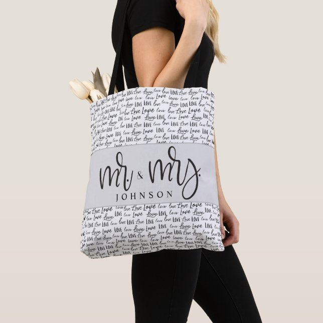 Black White Mr and Mrs Married love minimal custom Tote Bag (Close Up)