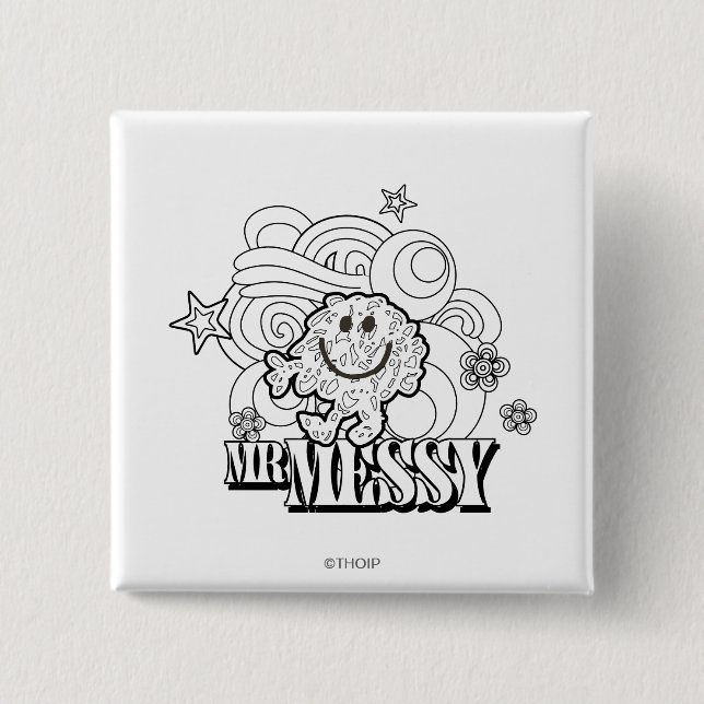 Black & White Mr. Messy | Stars & Swirls Button (Front)
