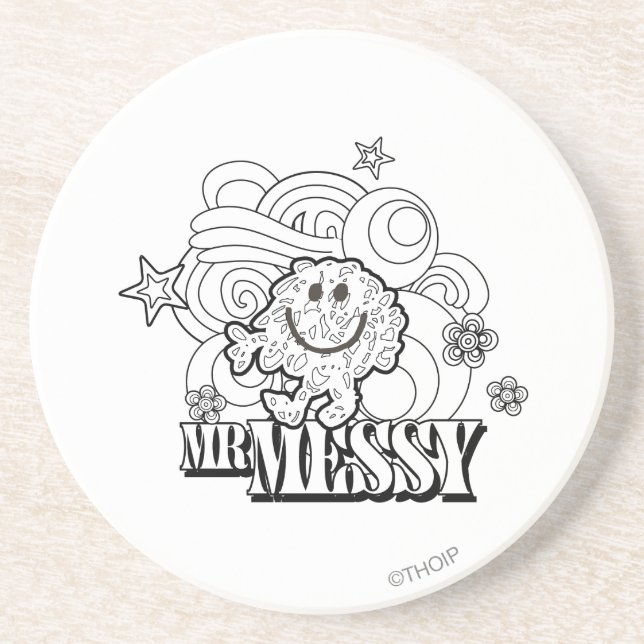 Black & White Mr. Messy | Stars & Swirls Sandstone Coaster (Front)