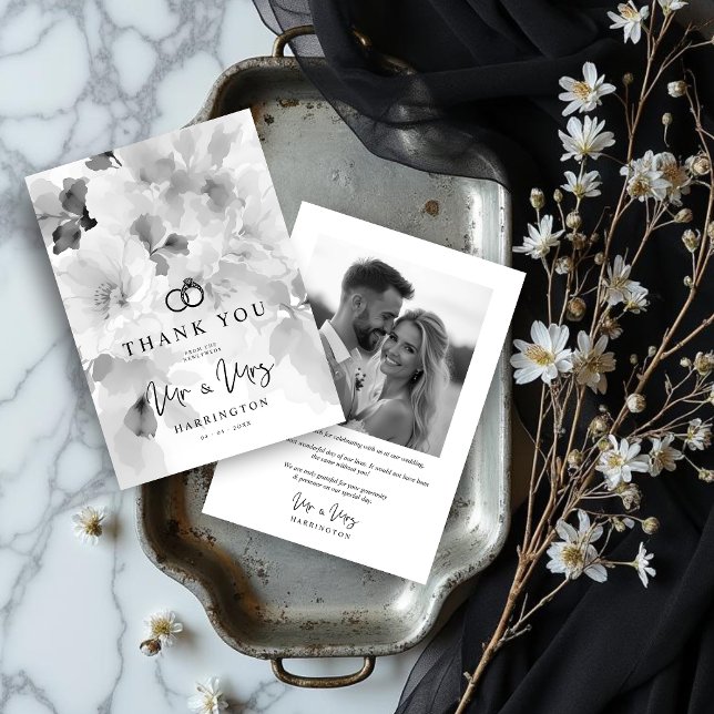 Black White MR & MRS Floral Design Photo Wedding Thank You Card (Black & White MR & MRS Floral Design Photo Wedding Thank You Cards with Tiny Wedding Rings.)