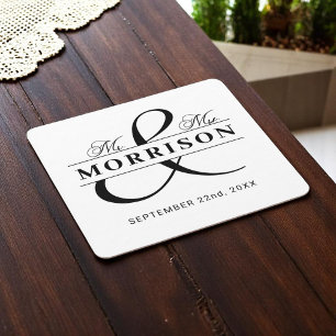 Black White Mr Mrs Monogram Wedding Square Paper Coaster