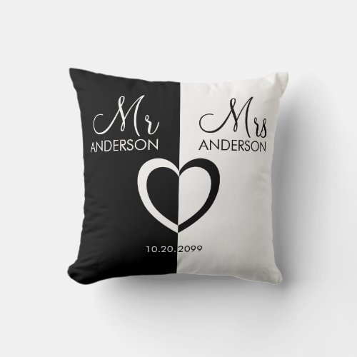 Black white Mr Mrs name heart wedding Throw Pillow