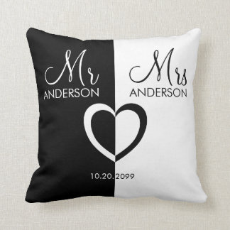 Black white Mr Mrs name heart wedding Throw Pillow