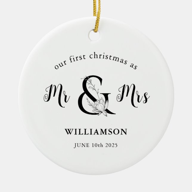 Black & white Mr & Mrs PHOTO 1st Christmas Ceramic Ornament (Front)