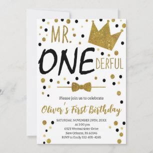 Black & White, Mr.Onederful Birthday, 1st Birtday Invitation