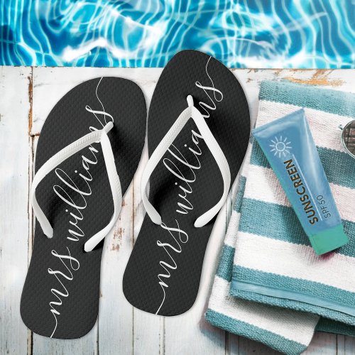 Black  White Mrs Bride Wedding Flip Flops