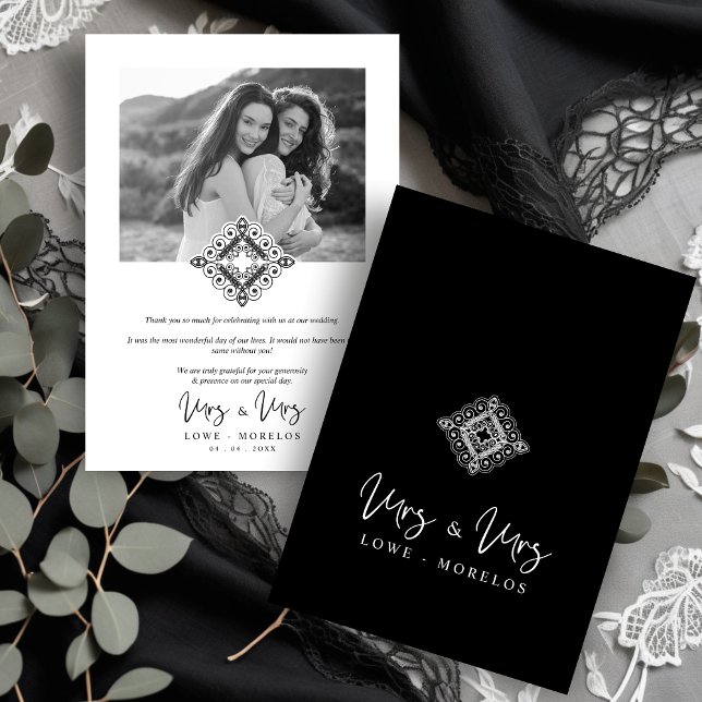 Black & White Mrs & Mrs Ornamental Flourish LGBT Thank You Card (Black & White Mrs & Mrs Ornamental Flourish Photo Lesbian LGBT Wedding Thank You Card with Envelope.)