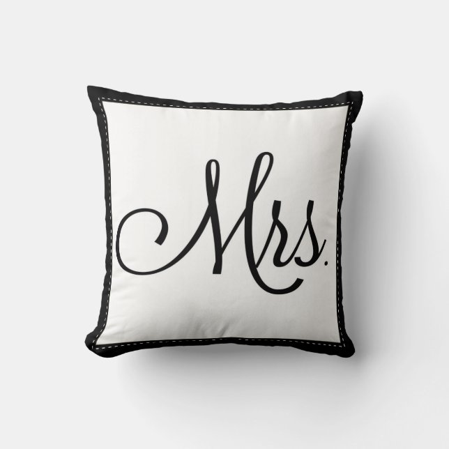 Black & White "Mrs." pillow, personalized on back Throw Pillow (Front)
