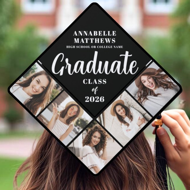 Black White Multi Photo Graduation Cap Topper (Black White Multi Photo Graduation Cap Topper)