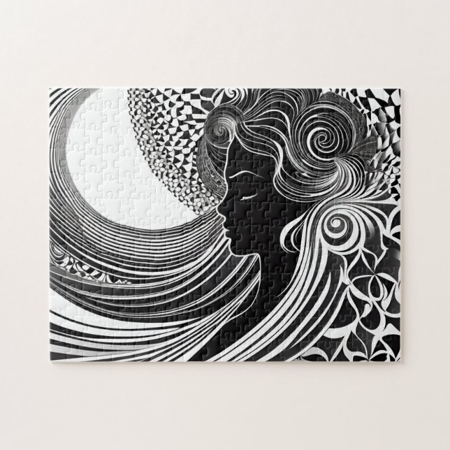 Black & White Muse: Modern Woman Lost in Thought Jigsaw Puzzle (Horizontal)